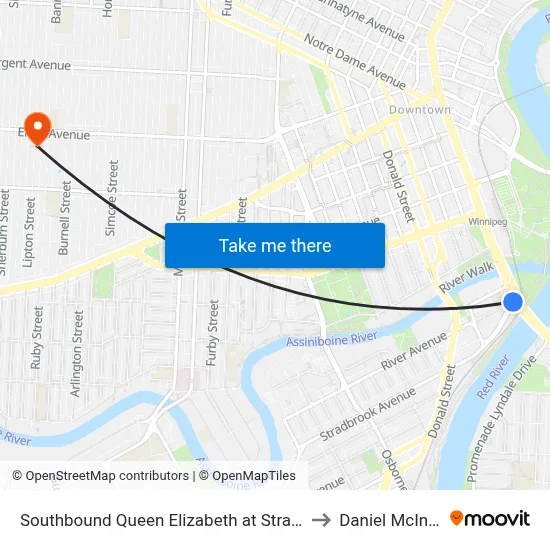 Southbound Queen Elizabeth at Stradbrook to Daniel McIntyre map