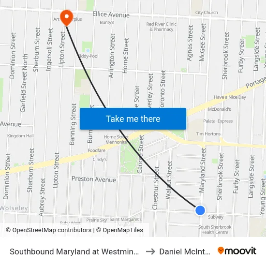 Southbound Maryland at Westminster to Daniel McIntyre map