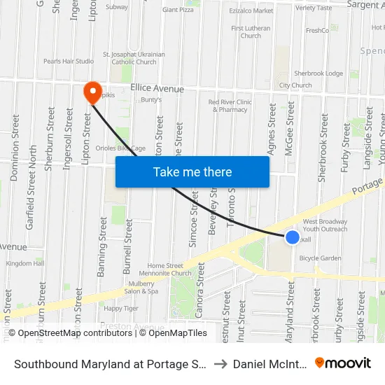 Southbound Maryland at Portage South to Daniel McIntyre map