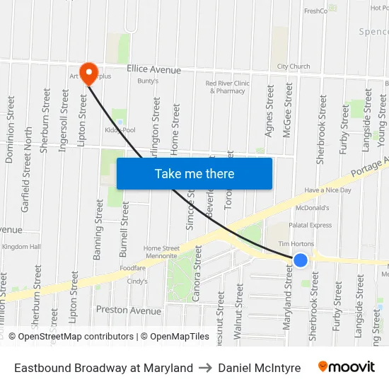 Eastbound Broadway at Maryland to Daniel McIntyre map
