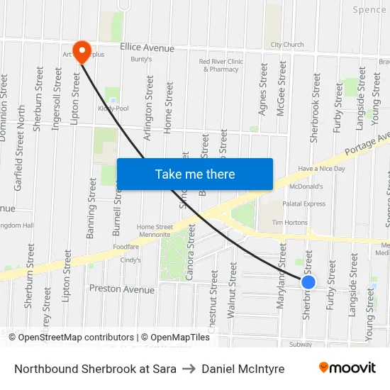 Northbound Sherbrook at Sara to Daniel McIntyre map