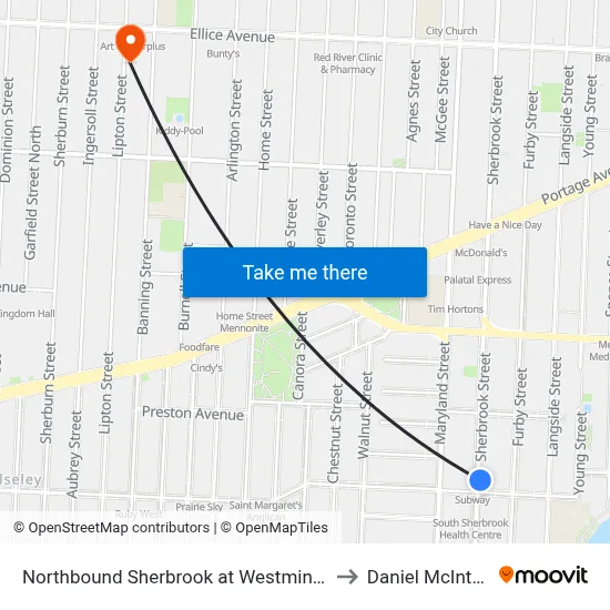 Northbound Sherbrook at Westminster to Daniel McIntyre map
