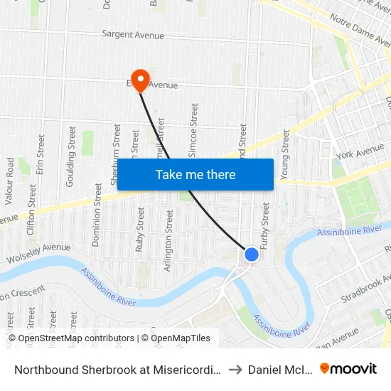 Northbound Sherbrook at Misericordia Health Ctr to Daniel McIntyre map