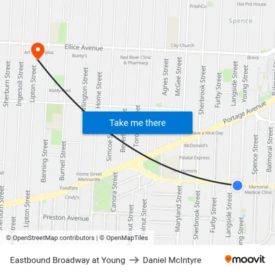 Eastbound Broadway at Young to Daniel McIntyre map