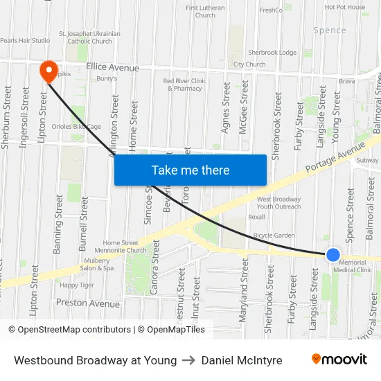 Westbound Broadway at Young to Daniel McIntyre map