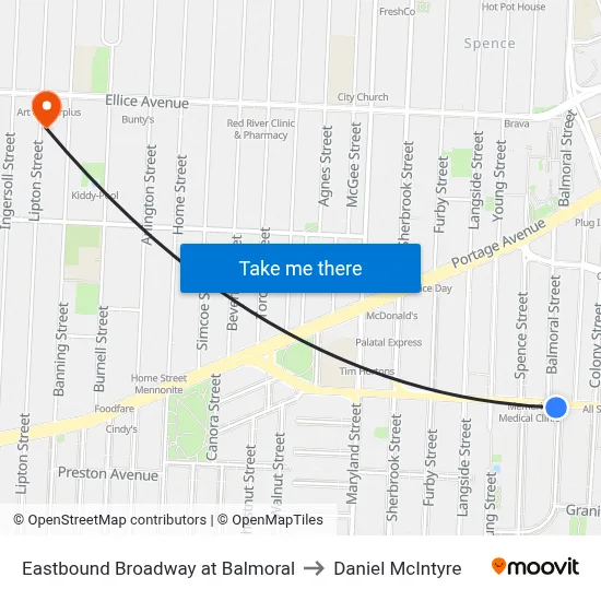 Eastbound Broadway at Balmoral to Daniel McIntyre map