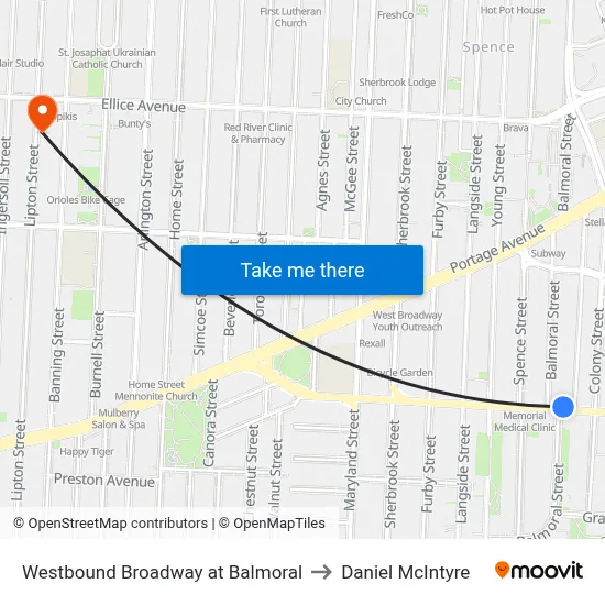 Westbound Broadway at Balmoral to Daniel McIntyre map