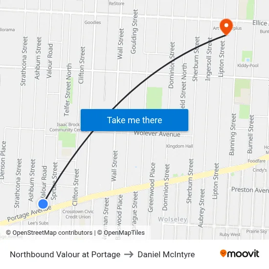 Northbound Valour at Portage to Daniel McIntyre map
