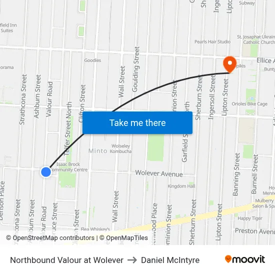 Northbound Valour at Wolever to Daniel McIntyre map
