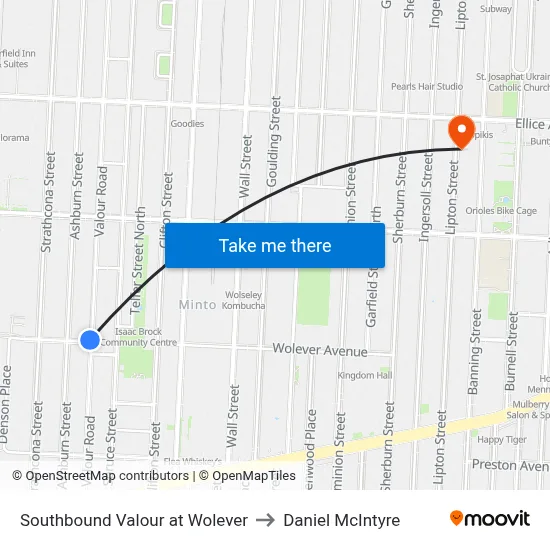 Southbound Valour at Wolever to Daniel McIntyre map