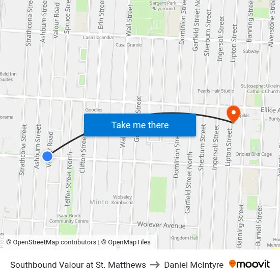Southbound Valour at St. Matthews to Daniel McIntyre map