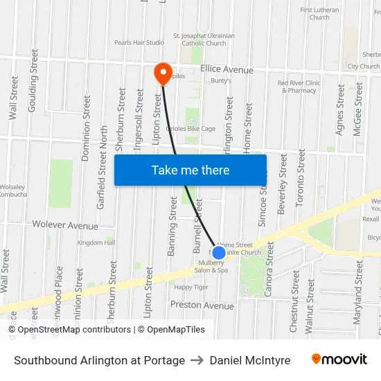 Southbound Arlington at Portage to Daniel McIntyre map