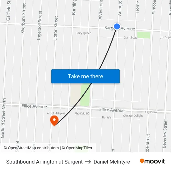 Southbound Arlington at Sargent to Daniel McIntyre map