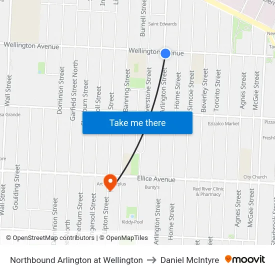 Northbound Arlington at Wellington to Daniel McIntyre map