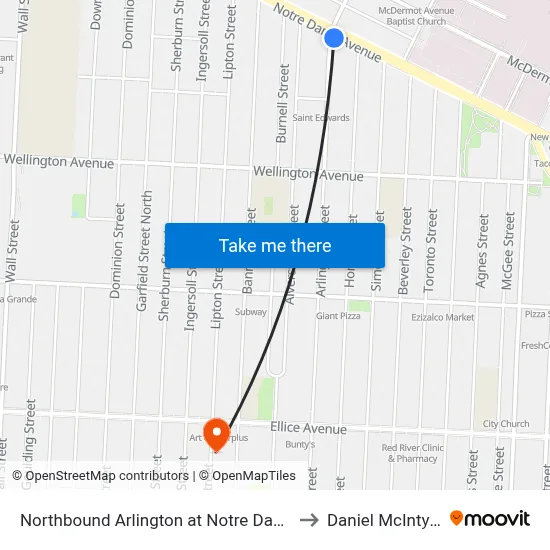 Northbound Arlington at Notre Dame to Daniel McIntyre map