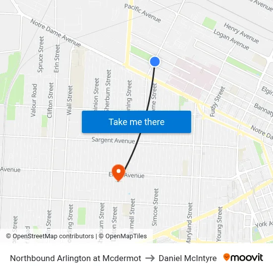 Northbound Arlington at Mcdermot to Daniel McIntyre map