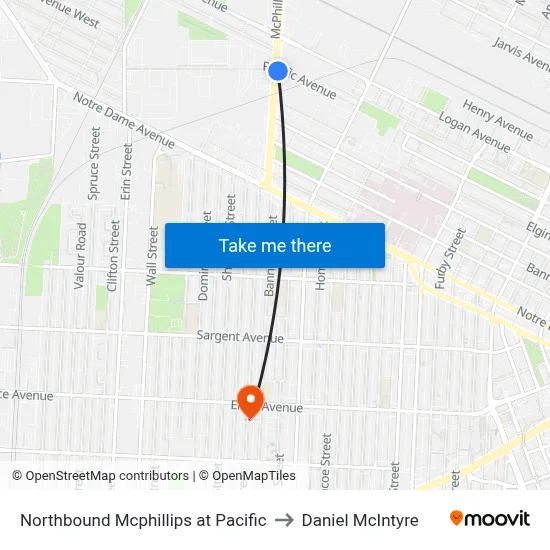 Northbound Mcphillips at Pacific to Daniel McIntyre map