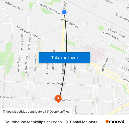Southbound Mcphillips at Logan to Daniel McIntyre map