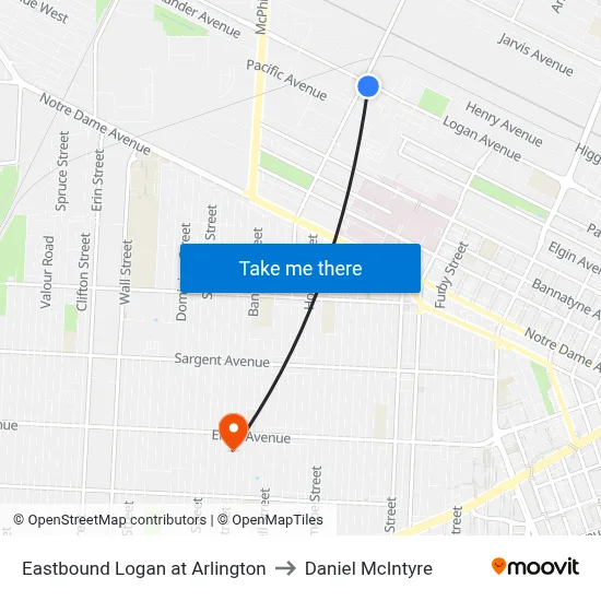 Eastbound Logan at Arlington to Daniel McIntyre map