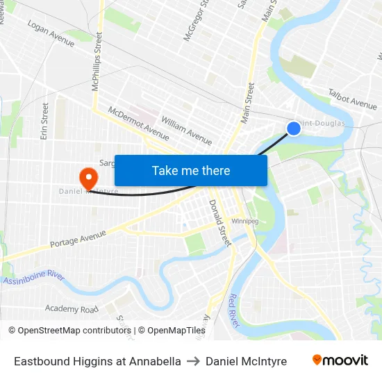 Eastbound Higgins at Annabella to Daniel McIntyre map