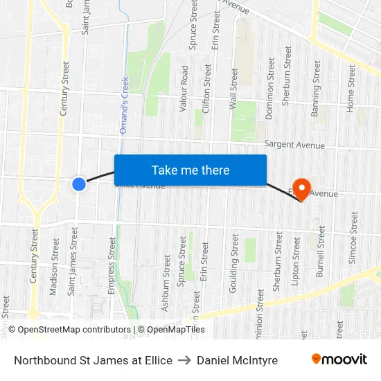 Northbound St James at Ellice to Daniel McIntyre map