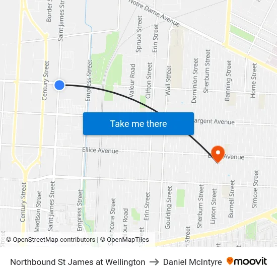 Northbound St James at Wellington to Daniel McIntyre map