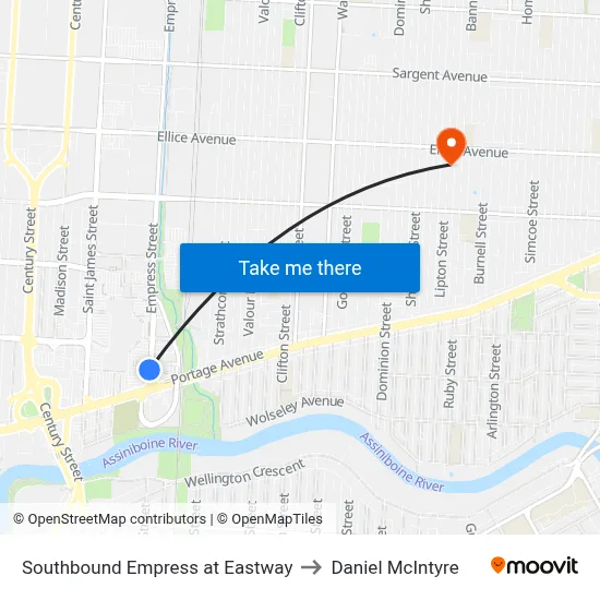 Southbound Empress at Eastway to Daniel McIntyre map
