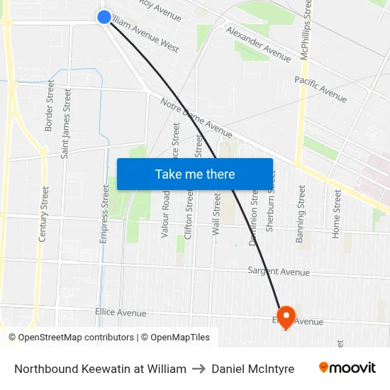 Northbound Keewatin at William to Daniel McIntyre map
