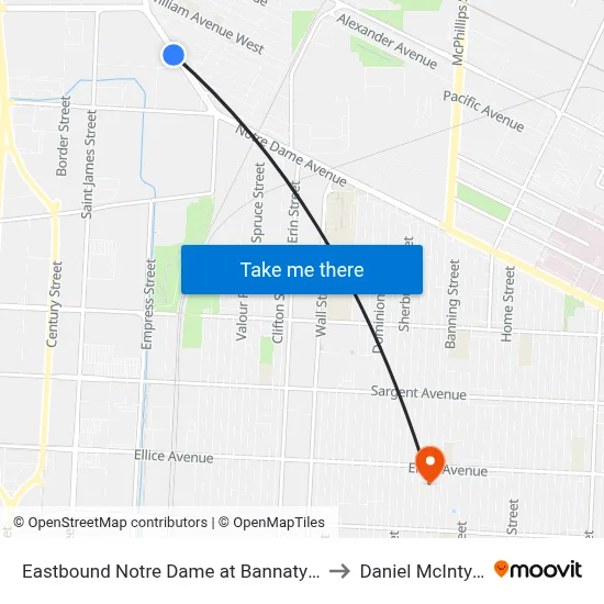 Eastbound Notre Dame at Bannatyne to Daniel McIntyre map