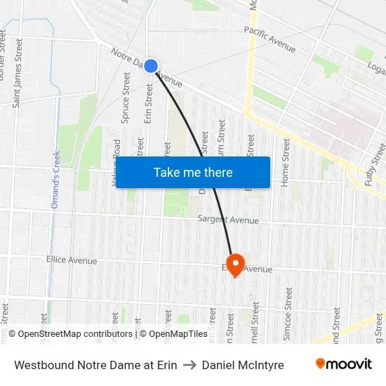 Westbound Notre Dame at Erin to Daniel McIntyre map