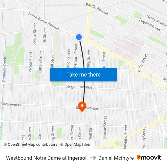 Westbound Notre Dame at Ingersoll to Daniel McIntyre map