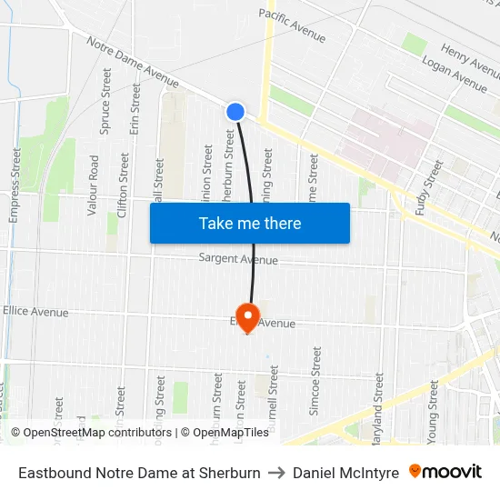 Eastbound Notre Dame at Sherburn to Daniel McIntyre map