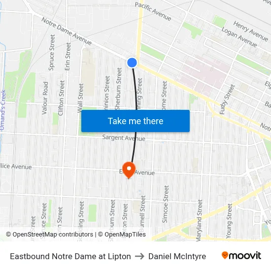 Eastbound Notre Dame at Lipton to Daniel McIntyre map