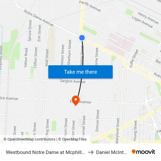 Westbound Notre Dame at Mcphillips to Daniel McIntyre map