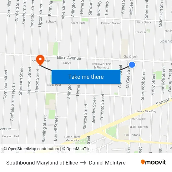Southbound Maryland at Ellice to Daniel McIntyre map