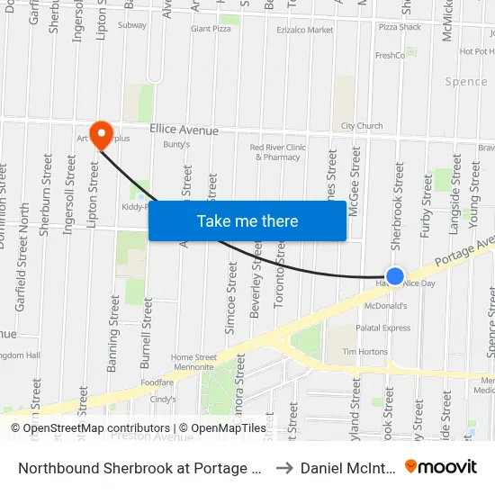 Northbound Sherbrook at Portage North to Daniel McIntyre map