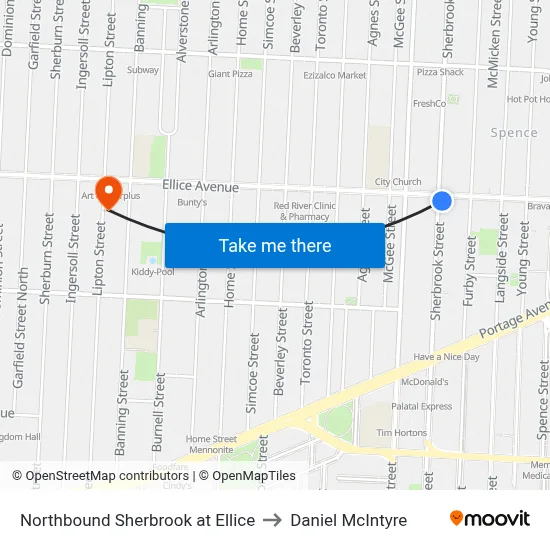 Northbound Sherbrook at Ellice to Daniel McIntyre map