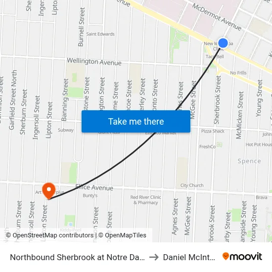 Northbound Sherbrook at Notre Dame to Daniel McIntyre map