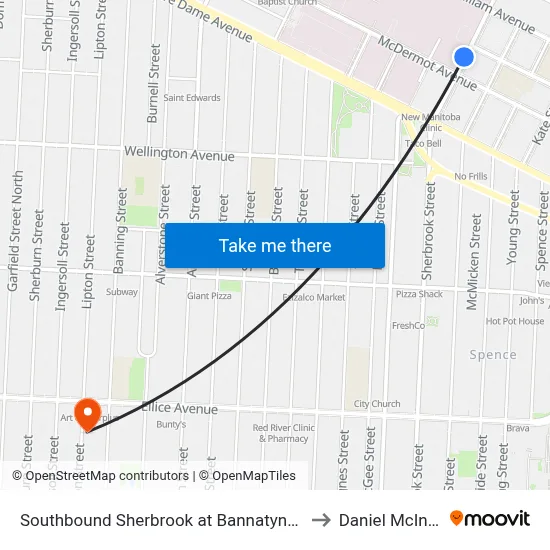 Southbound Sherbrook at Bannatyne (Hsc) to Daniel McIntyre map