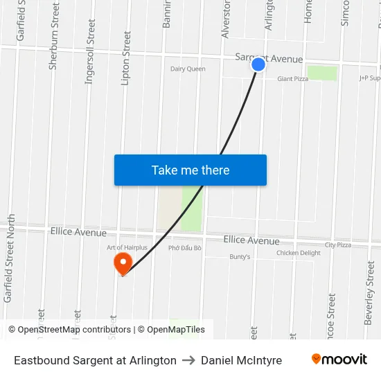 Eastbound Sargent at Arlington to Daniel McIntyre map