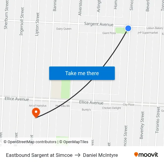 Eastbound Sargent at Simcoe to Daniel McIntyre map