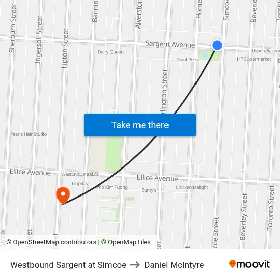 Westbound Sargent at Simcoe to Daniel McIntyre map