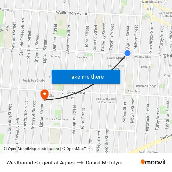 Westbound Sargent at Agnes to Daniel McIntyre map