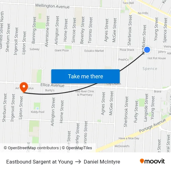 Eastbound Sargent at Young to Daniel McIntyre map