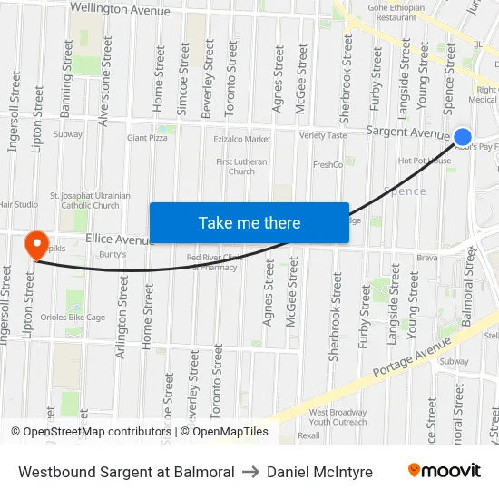 Westbound Sargent at Balmoral to Daniel McIntyre map