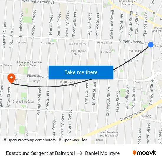 Eastbound Sargent at Balmoral to Daniel McIntyre map