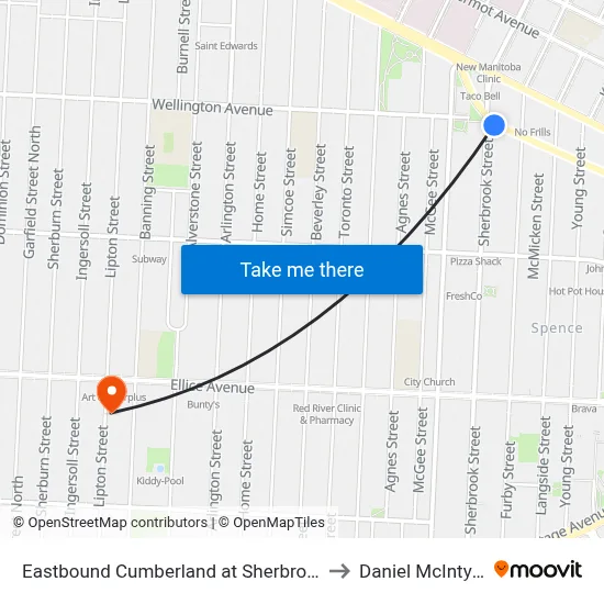 Eastbound Cumberland at Sherbrook to Daniel McIntyre map