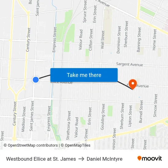 Westbound Ellice at St. James to Daniel McIntyre map