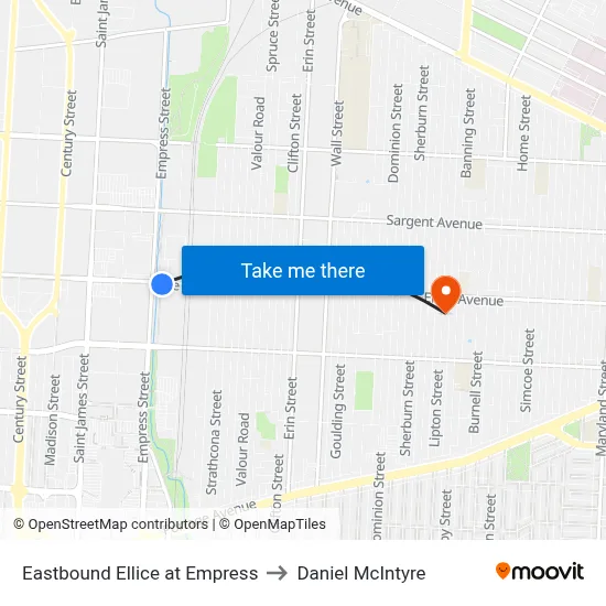 Eastbound Ellice at Empress to Daniel McIntyre map