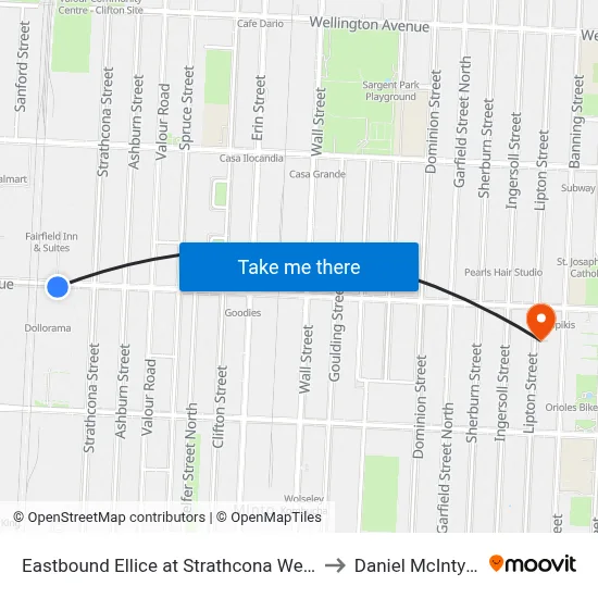 Eastbound Ellice at Strathcona West to Daniel McIntyre map